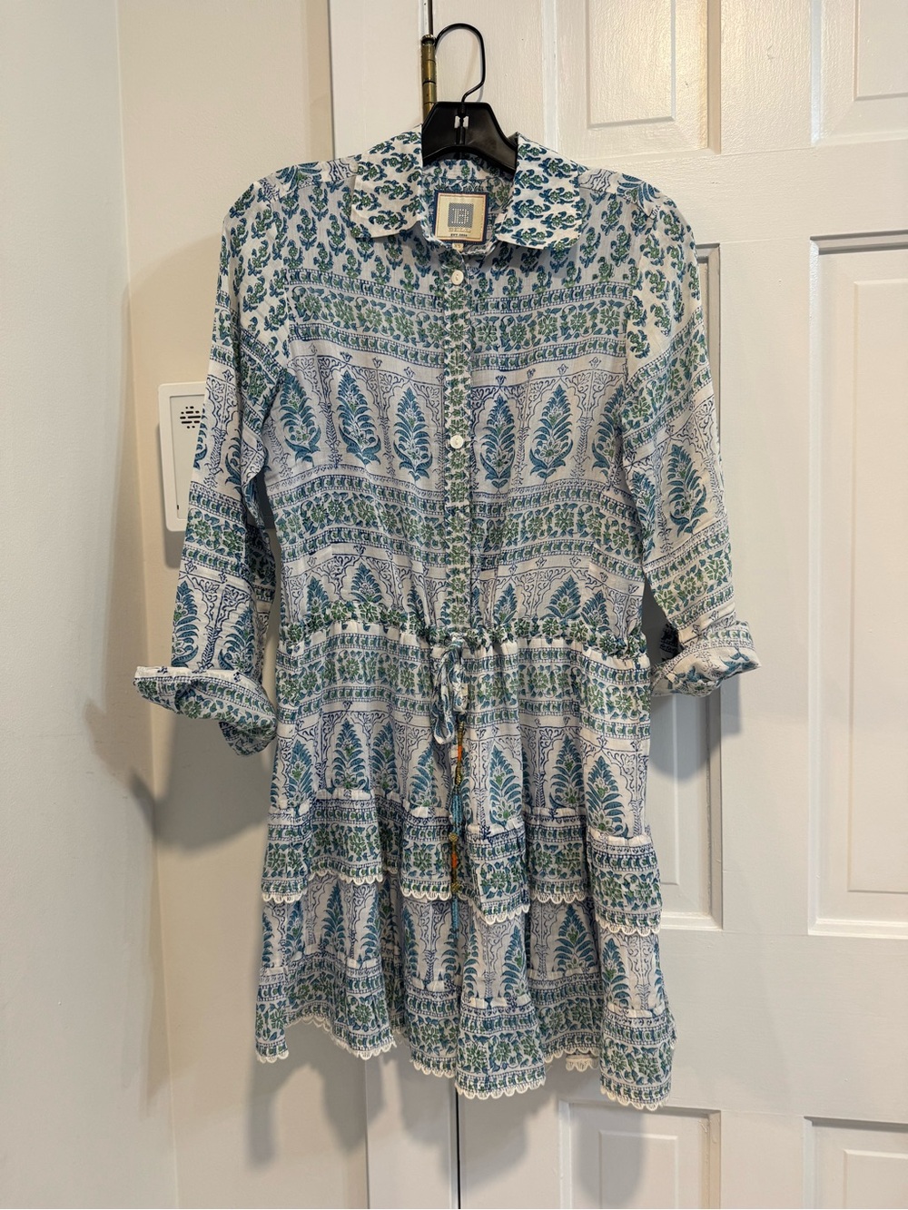 bell Printed Long-Sleeve Button Dress in Blue and Green